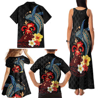 Hawaiian Whale and Volcanic Eruption Family Matching Tank Maxi Dress and Hawaiian Shirt Hibiscus and Kakau Pattern