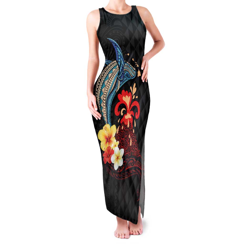 Hawaiian Whale and Volcanic Eruption Family Matching Tank Maxi Dress and Hawaiian Shirt Hibiscus and Kakau Pattern
