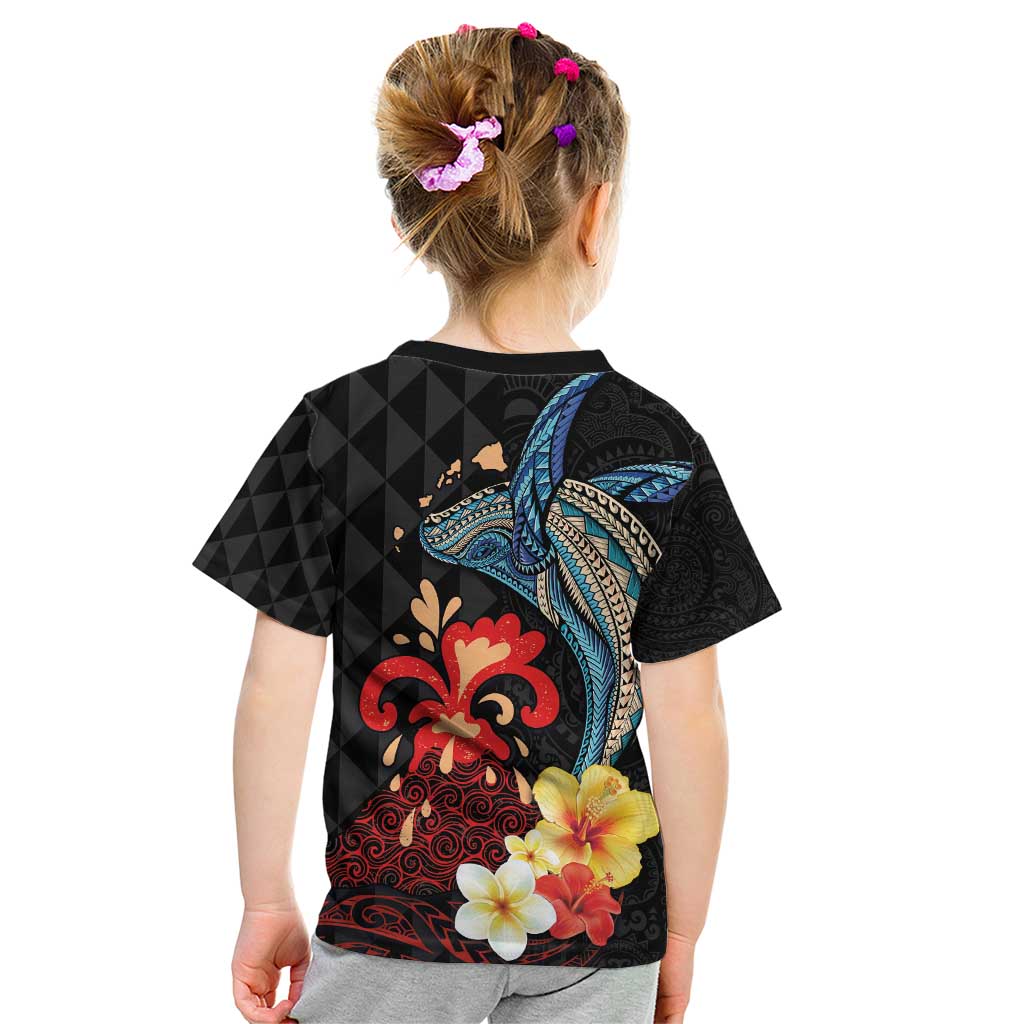 Hawaiian Whale and Volcanic Eruption Kid T Shirt Hibiscus and Kakau Pattern