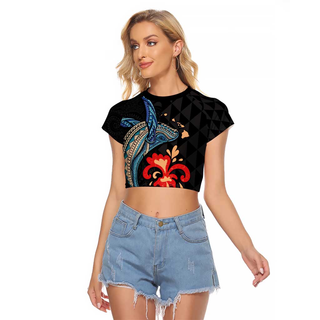 Hawaiian Whale and Volcanic Eruption Raglan Cropped T Shirt Hibiscus and Kakau Pattern