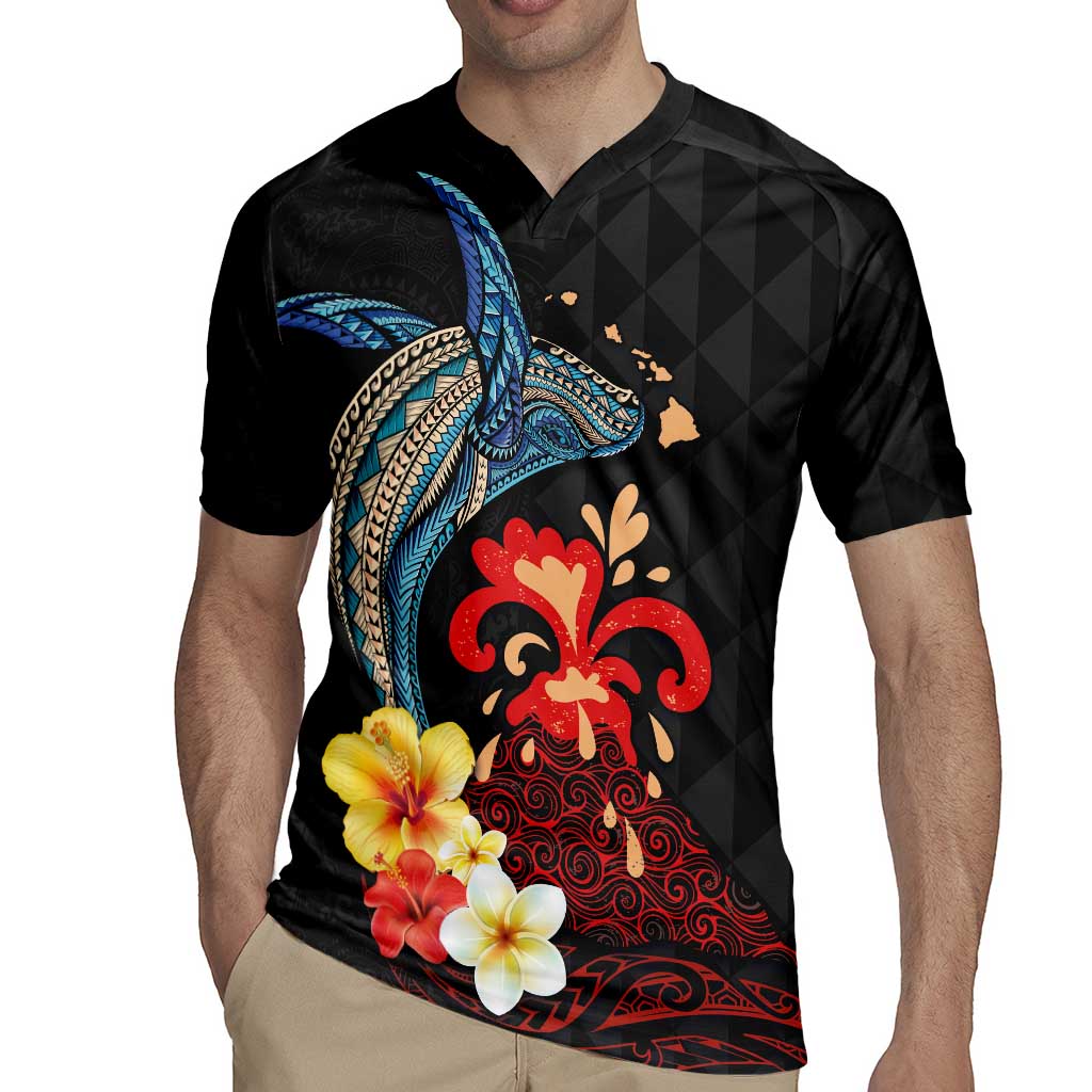Hawaiian Whale and Volcanic Eruption Rugby Jersey Hibiscus and Kakau Pattern
