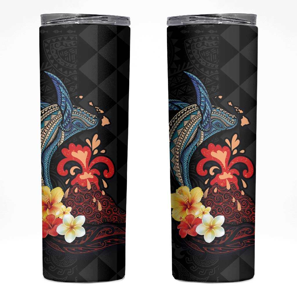 Hawaiian Whale and Volcanic Eruption Skinny Tumbler Hibiscus and Kakau Pattern