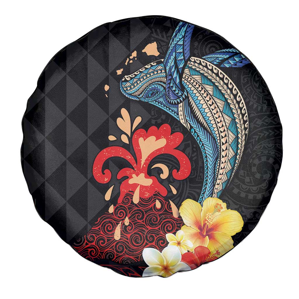 Hawaiian Whale and Volcanic Eruption Spare Tire Cover Hibiscus and Kakau Pattern