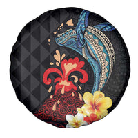 Hawaiian Whale and Volcanic Eruption Spare Tire Cover Hibiscus and Kakau Pattern