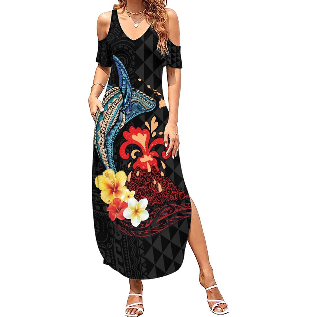 Hawaiian Whale and Volcanic Eruption Summer Maxi Dress Hibiscus and Kakau Pattern