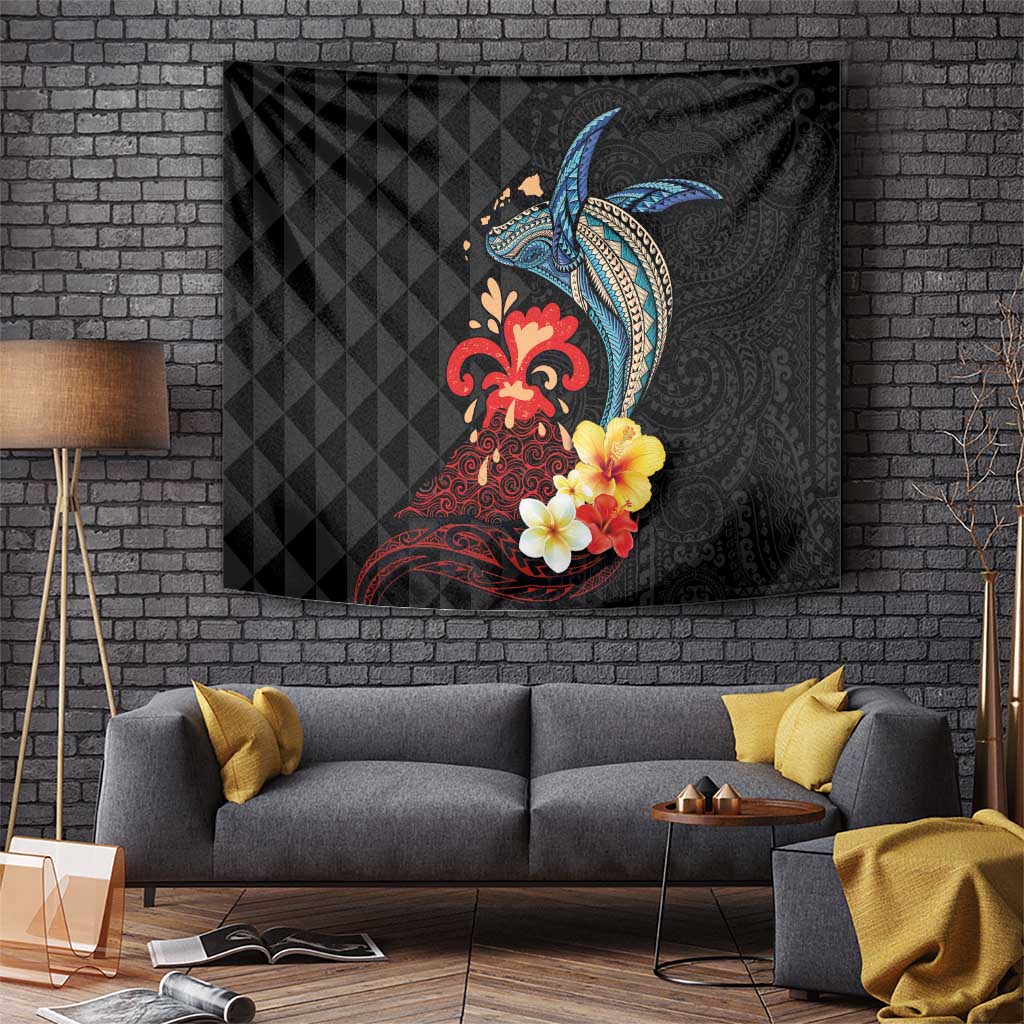 Hawaiian Whale and Volcanic Eruption Tapestry Hibiscus and Kakau Pattern