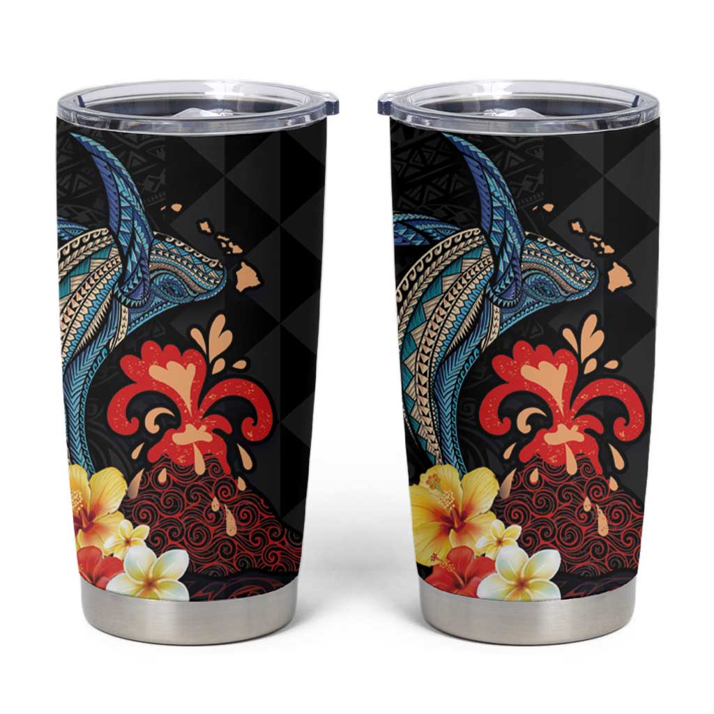 Hawaiian Whale and Volcanic Eruption Tumbler Cup Hibiscus and Kakau Pattern