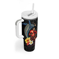 Hawaiian Whale and Volcanic Eruption Tumbler With Handle Hibiscus and Kakau Pattern