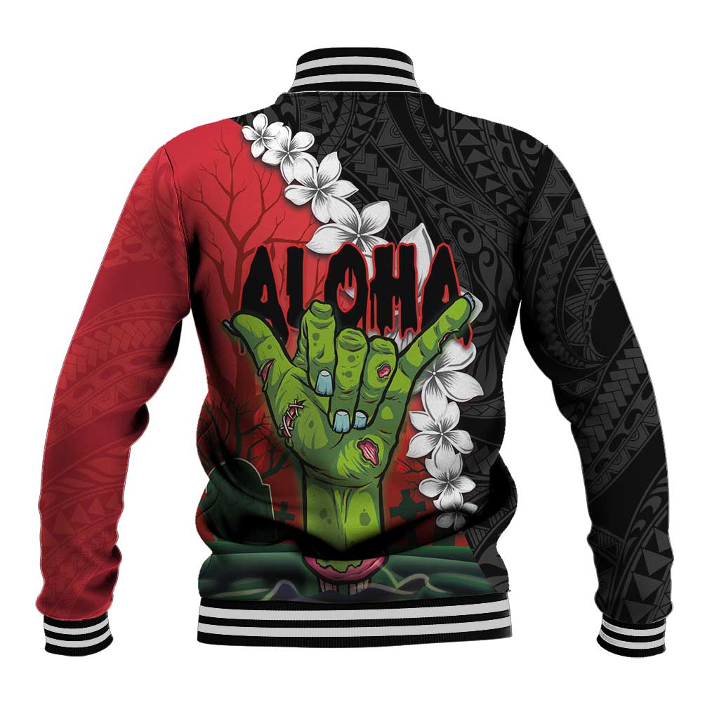 Hawaiian Halloween Baseball Jacket Horror Shaka Hand with Plumeria and Polynesian Tattoo Blood Color