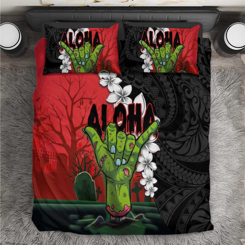 Hawaiian Halloween Bedding Set Horror Shaka Hand with Plumeria and Polynesian Tattoo Blood Color