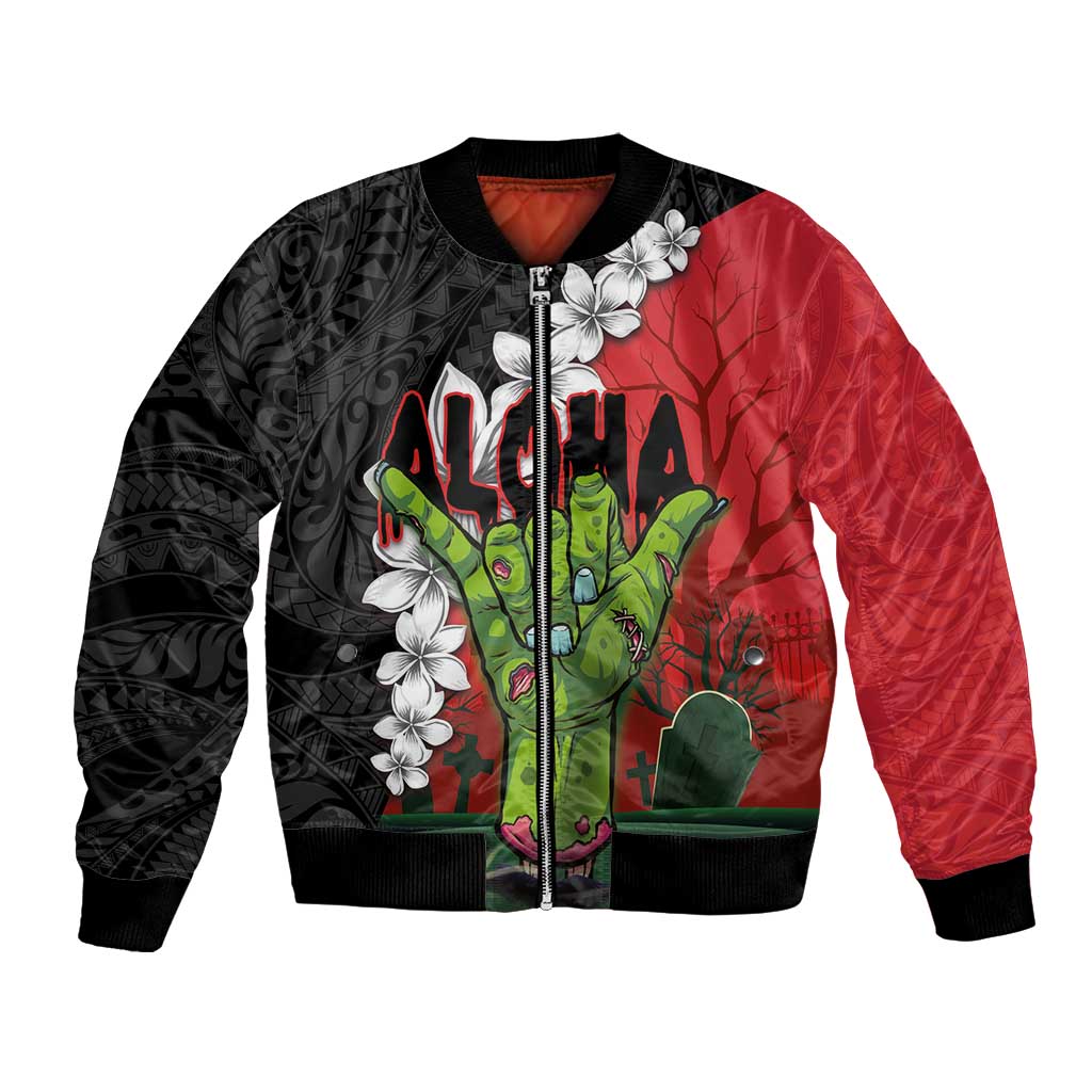 Hawaiian Halloween Bomber Jacket Horror Shaka Hand with Plumeria and Polynesian Tattoo Blood Color