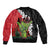 Hawaiian Halloween Bomber Jacket Horror Shaka Hand with Plumeria and Polynesian Tattoo Blood Color