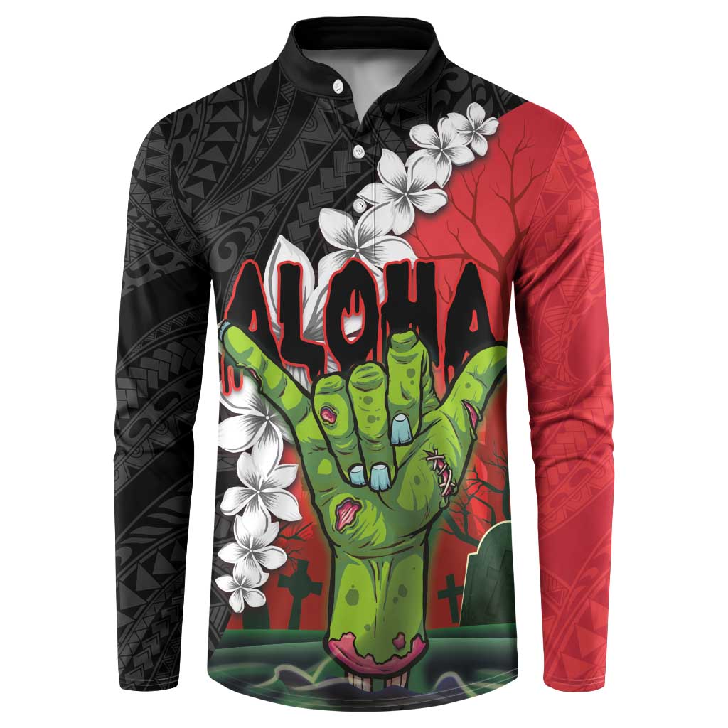 Hawaiian Halloween Button Sweatshirt Horror Shaka Hand with Plumeria and Polynesian Tattoo Blood Color