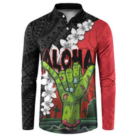 Hawaiian Halloween Button Sweatshirt Horror Shaka Hand with Plumeria and Polynesian Tattoo Blood Color