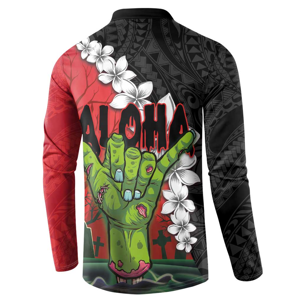 Hawaiian Halloween Button Sweatshirt Horror Shaka Hand with Plumeria and Polynesian Tattoo Blood Color