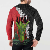 Hawaiian Halloween Button Sweatshirt Horror Shaka Hand with Plumeria and Polynesian Tattoo Blood Color