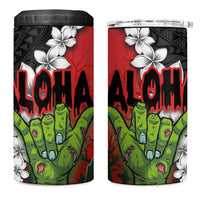 Hawaiian Halloween 4 in 1 Can Cooler Tumbler Horror Shaka Hand with Plumeria and Polynesian Tattoo Blood Color