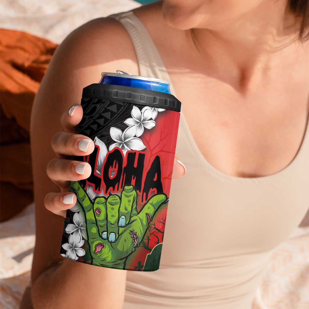Hawaiian Halloween 4 in 1 Can Cooler Tumbler Horror Shaka Hand with Plumeria and Polynesian Tattoo Blood Color