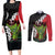 Hawaiian Halloween Couples Matching Long Sleeve Bodycon Dress and Long Sleeve Button Shirt Horror Shaka Hand with Plumeria and Polynesian Tattoo Blood Color