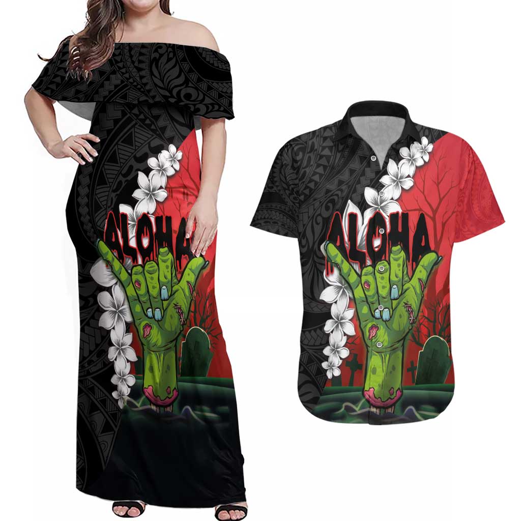 Hawaiian Halloween Couples Matching Off Shoulder Maxi Dress and Hawaiian Shirt Horror Shaka Hand with Plumeria and Polynesian Tattoo Blood Color