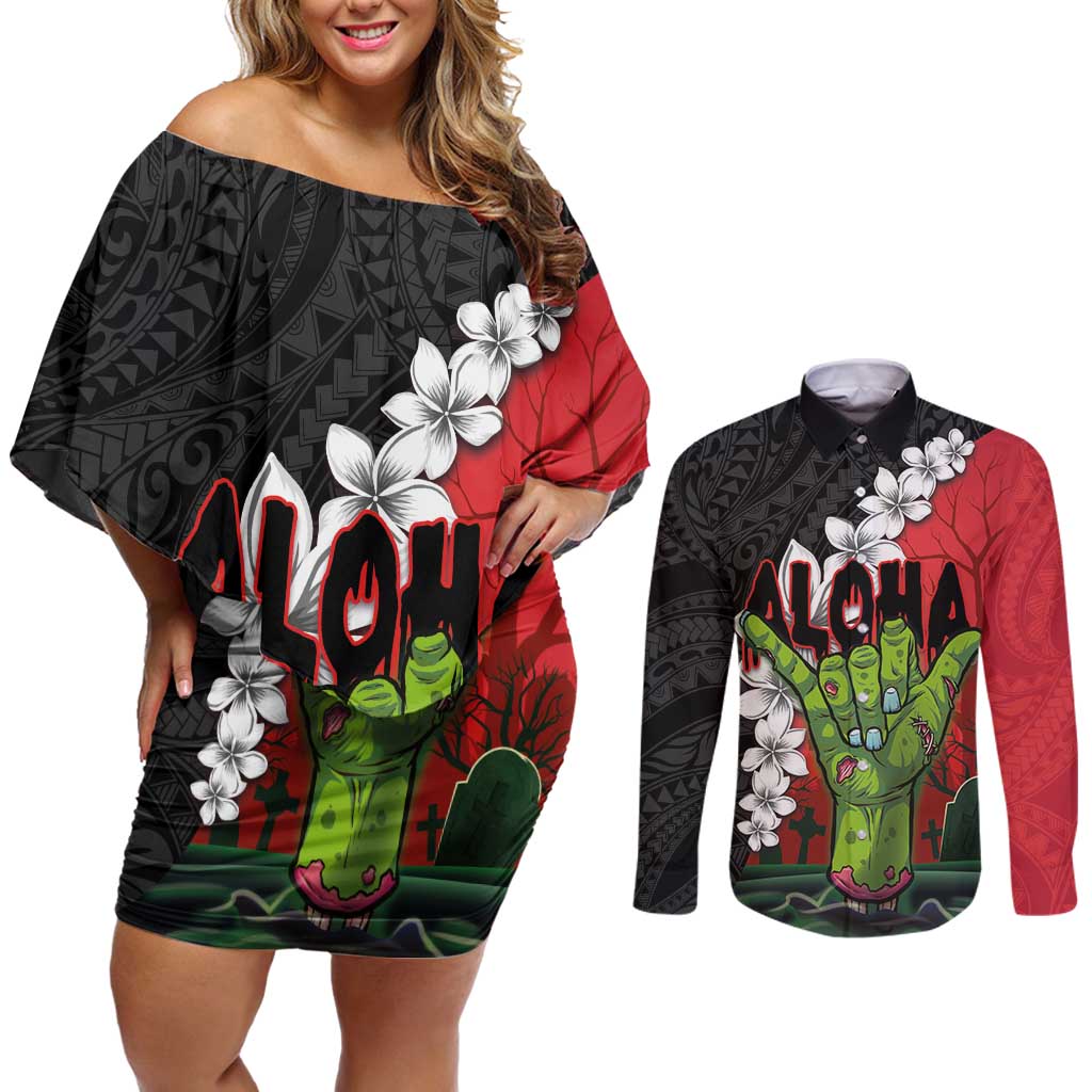 Hawaiian Halloween Couples Matching Off Shoulder Short Dress and Long Sleeve Button Shirt Horror Shaka Hand with Plumeria and Polynesian Tattoo Blood Color