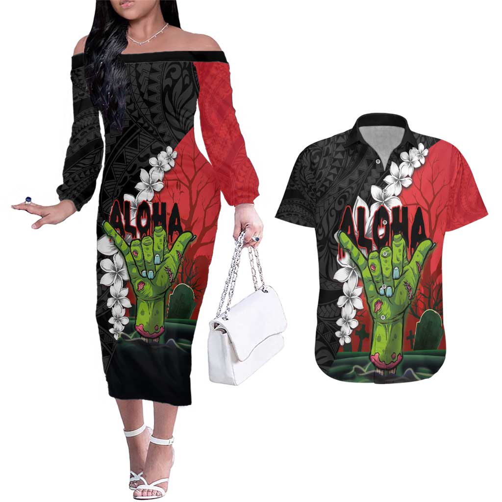 Hawaiian Halloween Couples Matching Off The Shoulder Long Sleeve Dress and Hawaiian Shirt Horror Shaka Hand with Plumeria and Polynesian Tattoo Blood Color