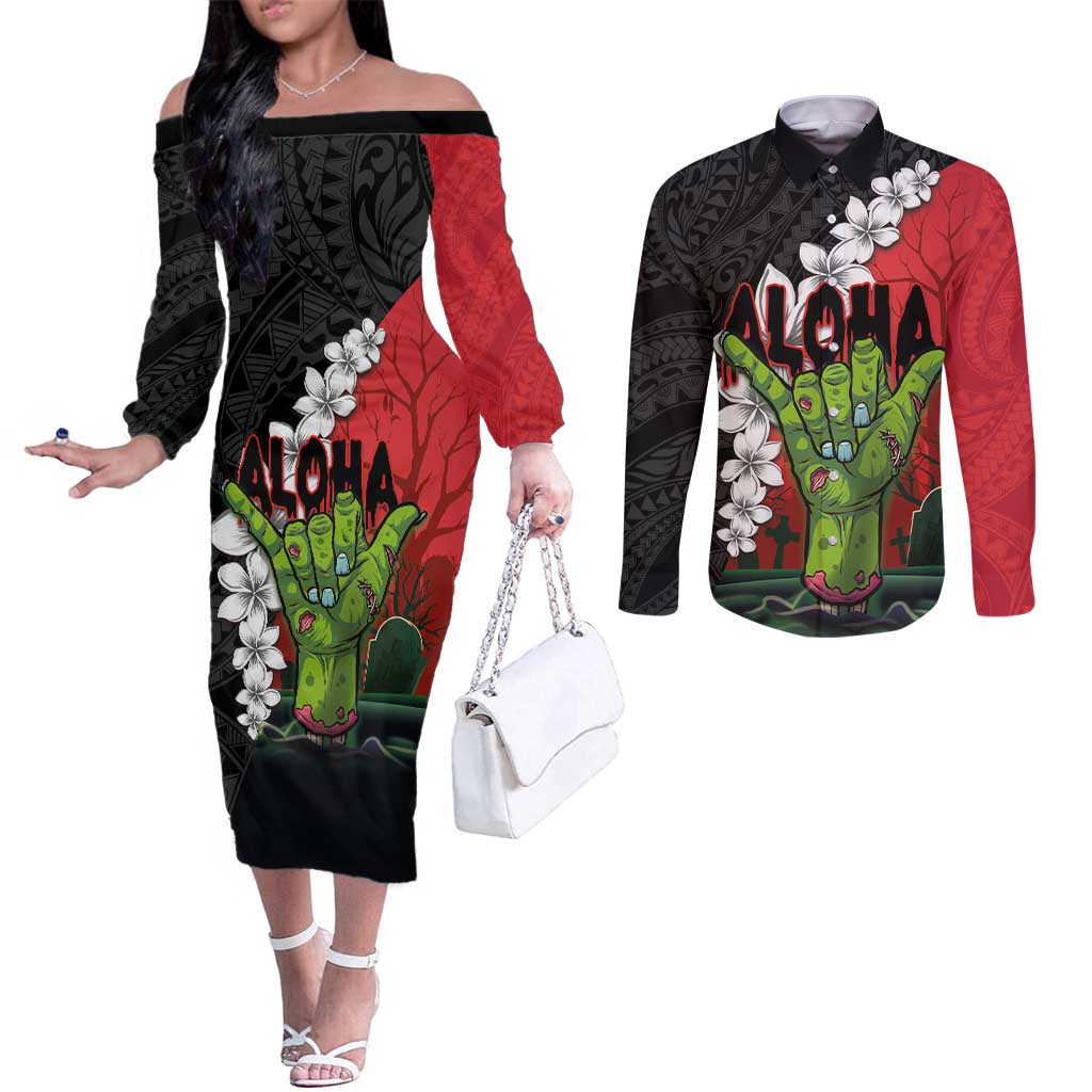 Hawaiian Halloween Couples Matching Off The Shoulder Long Sleeve Dress and Long Sleeve Button Shirt Horror Shaka Hand with Plumeria and Polynesian Tattoo Blood Color