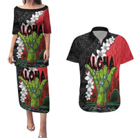 Hawaiian Halloween Couples Matching Puletasi and Hawaiian Shirt Horror Shaka Hand with Plumeria and Polynesian Tattoo Blood Color LT03 Red - Polynesian Pride