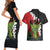 Hawaiian Halloween Couples Matching Short Sleeve Bodycon Dress and Hawaiian Shirt Horror Shaka Hand with Plumeria and Polynesian Tattoo Blood Color