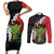 Hawaiian Halloween Couples Matching Short Sleeve Bodycon Dress and Long Sleeve Button Shirt Horror Shaka Hand with Plumeria and Polynesian Tattoo Blood Color