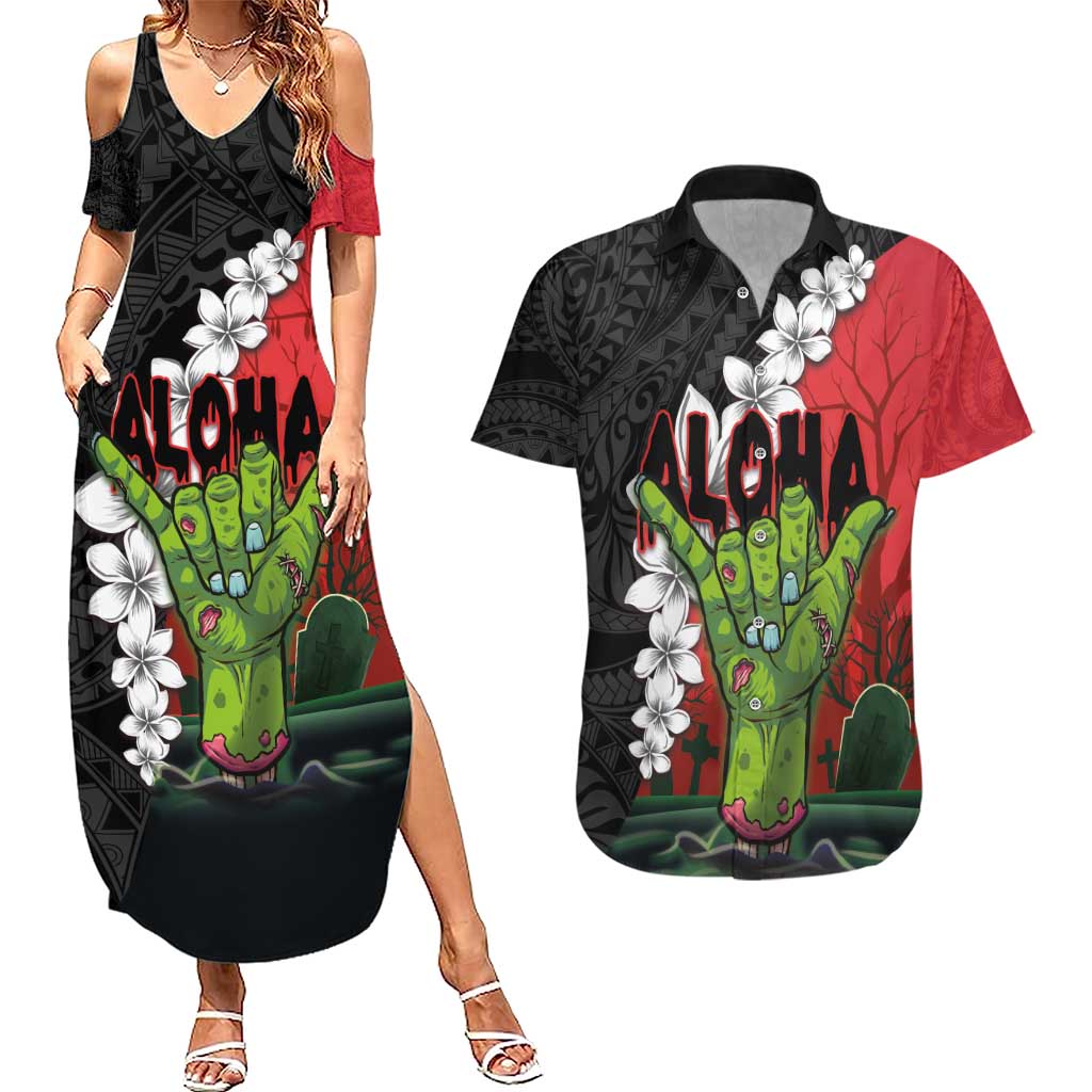 Hawaiian Halloween Couples Matching Summer Maxi Dress and Hawaiian Shirt Horror Shaka Hand with Plumeria and Polynesian Tattoo Blood Color