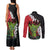Hawaiian Halloween Couples Matching Tank Maxi Dress and Long Sleeve Button Shirt Horror Shaka Hand with Plumeria and Polynesian Tattoo Blood Color