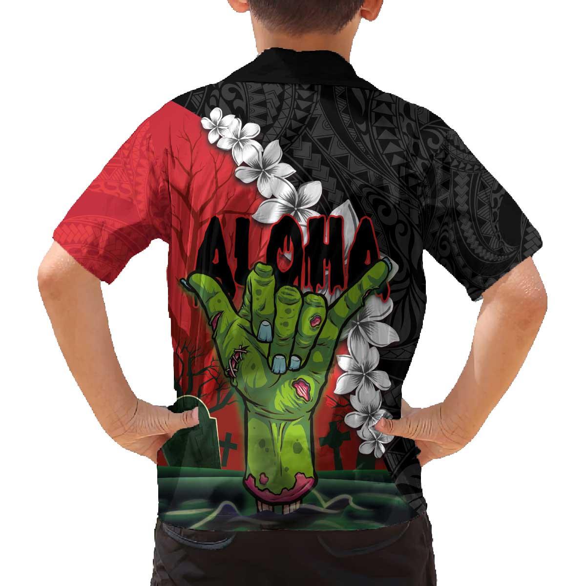 Hawaiian Halloween Family Matching Puletasi and Hawaiian Shirt Horror Shaka Hand with Plumeria and Polynesian Tattoo Blood Color