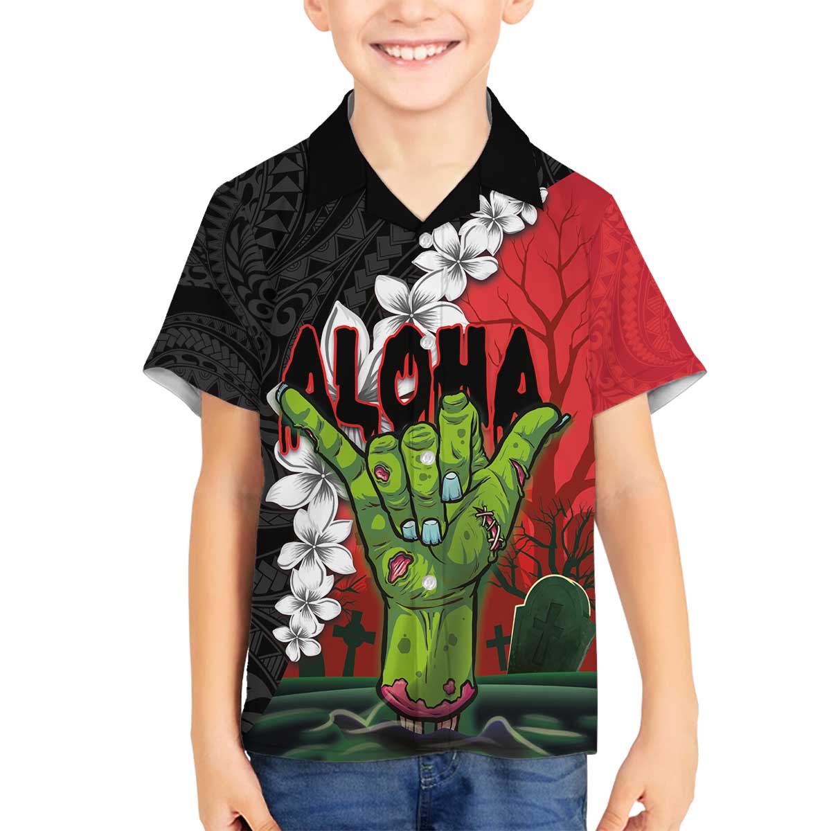 Hawaiian Halloween Family Matching Puletasi and Hawaiian Shirt Horror Shaka Hand with Plumeria and Polynesian Tattoo Blood Color