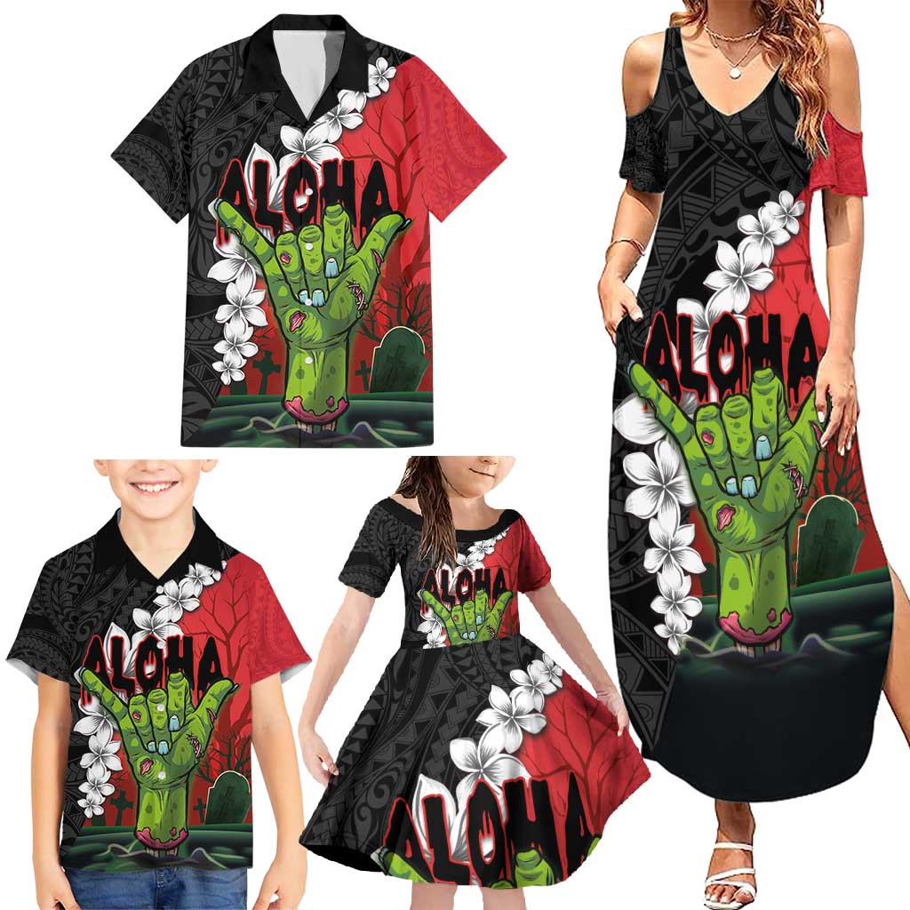 Hawaiian Halloween Family Matching Summer Maxi Dress and Hawaiian Shirt Horror Shaka Hand with Plumeria and Polynesian Tattoo Blood Color