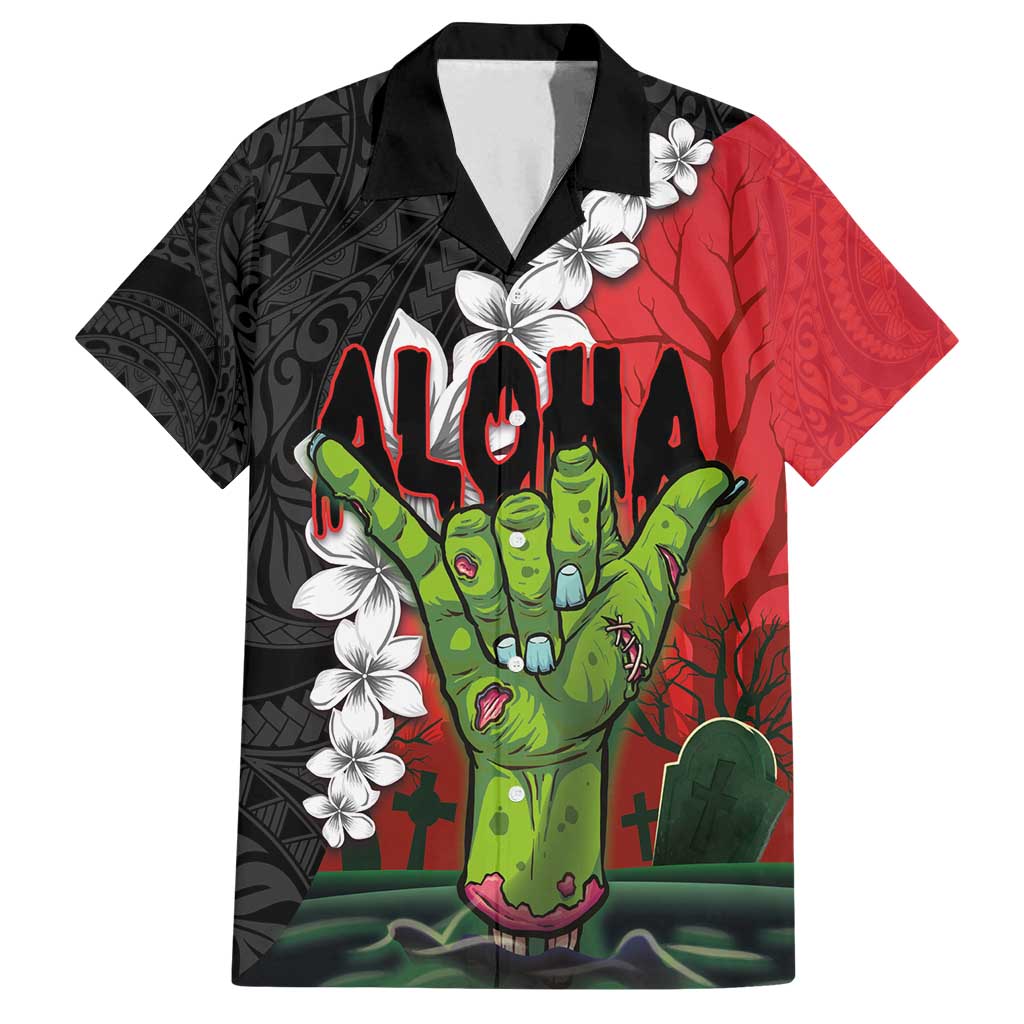Hawaiian Halloween Family Matching Summer Maxi Dress and Hawaiian Shirt Horror Shaka Hand with Plumeria and Polynesian Tattoo Blood Color
