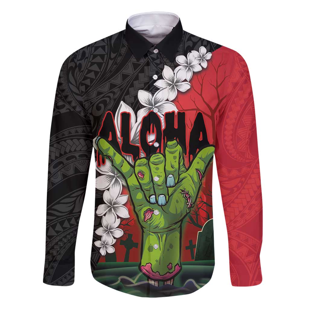 Hawaiian Halloween Family Matching Summer Maxi Dress and Hawaiian Shirt Horror Shaka Hand with Plumeria and Polynesian Tattoo Blood Color