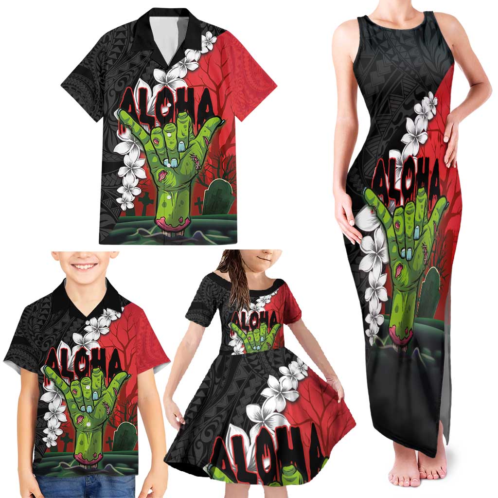 Hawaiian Halloween Family Matching Tank Maxi Dress and Hawaiian Shirt Horror Shaka Hand with Plumeria and Polynesian Tattoo Blood Color