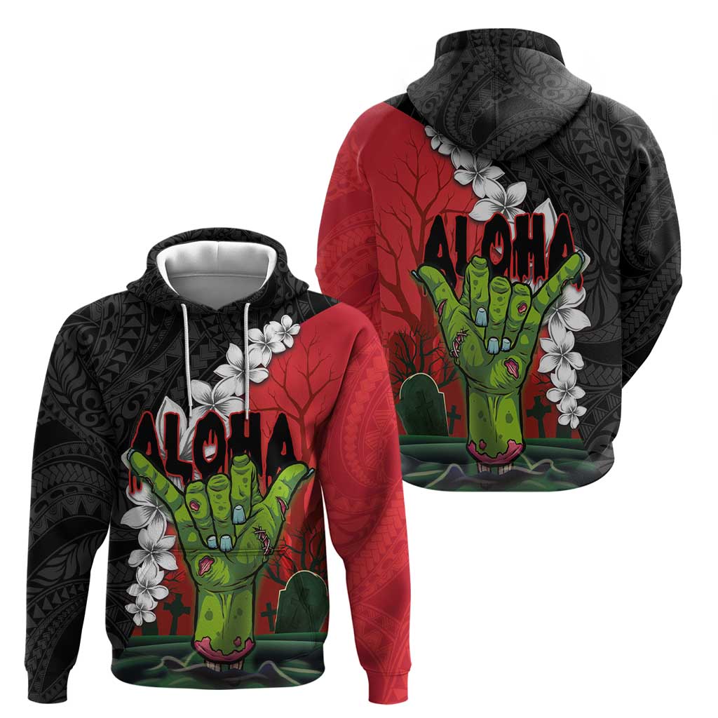 Hawaiian Halloween Hoodie Horror Shaka Hand with Plumeria and Polynesian Tattoo Blood Color