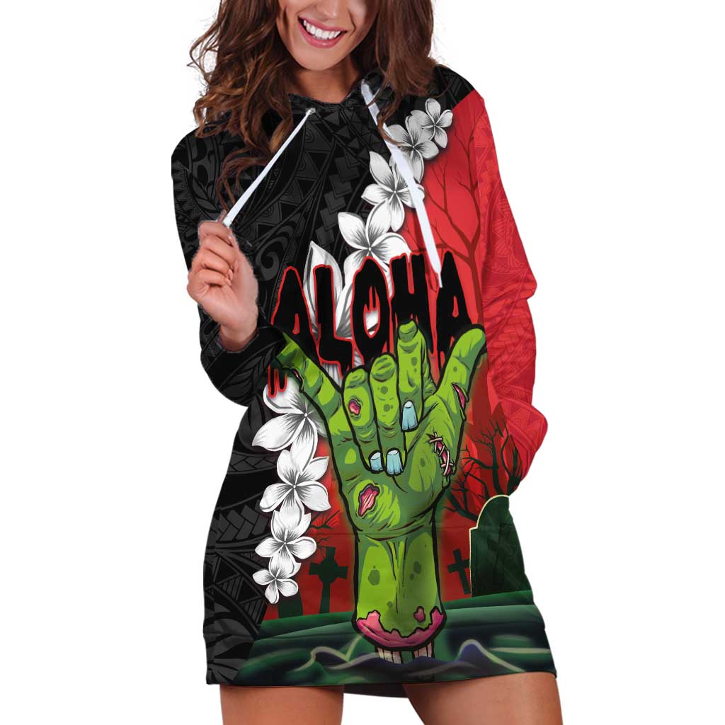 Hawaiian Halloween Hoodie Dress Horror Shaka Hand with Plumeria and Polynesian Tattoo Blood Color