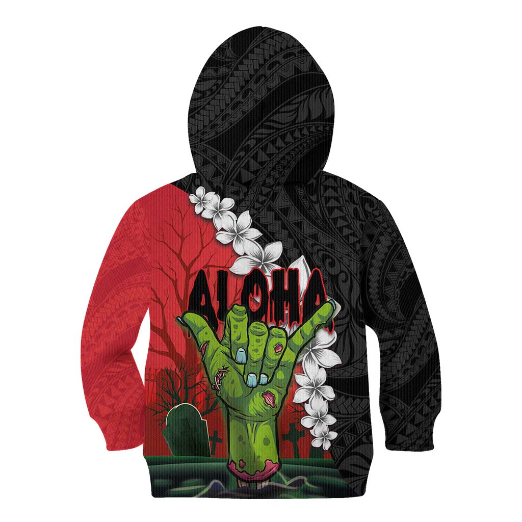 Hawaiian Halloween Kid Hoodie Horror Shaka Hand with Plumeria and Polynesian Tattoo Blood Color