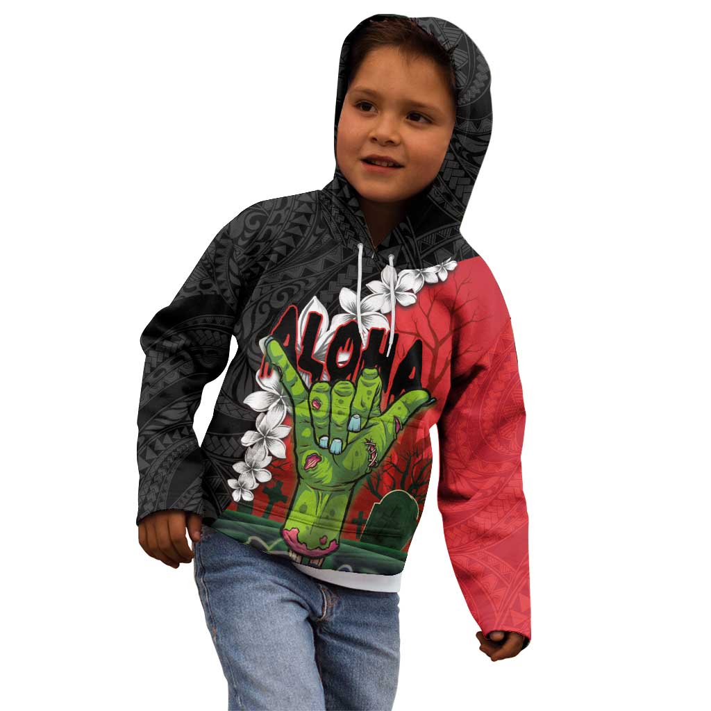 Hawaiian Halloween Kid Hoodie Horror Shaka Hand with Plumeria and Polynesian Tattoo Blood Color