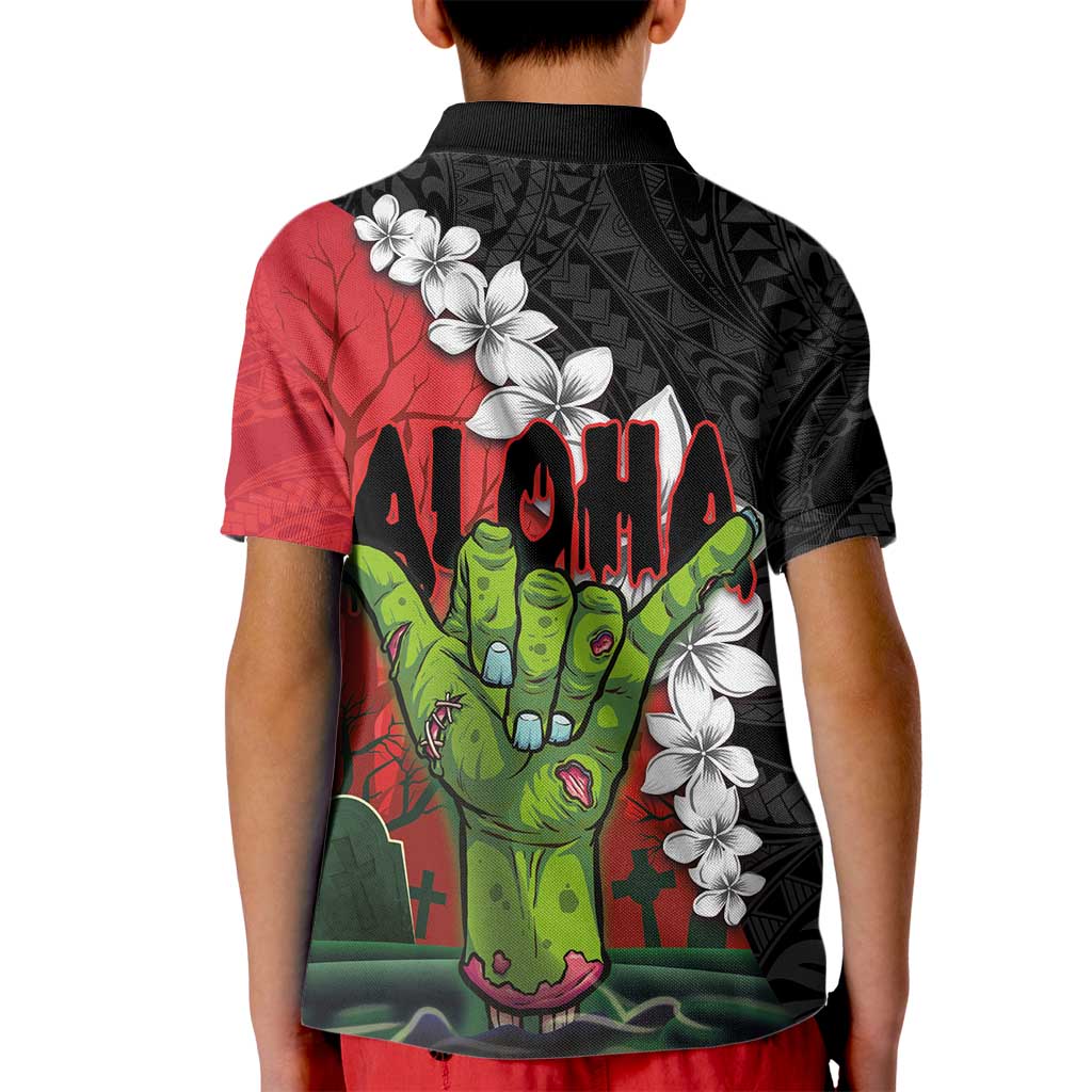 Hawaiian Halloween Kid Polo Shirt Horror Shaka Hand with Plumeria and Polynesian Tattoo Blood Color LT03 - Polynesian Pride