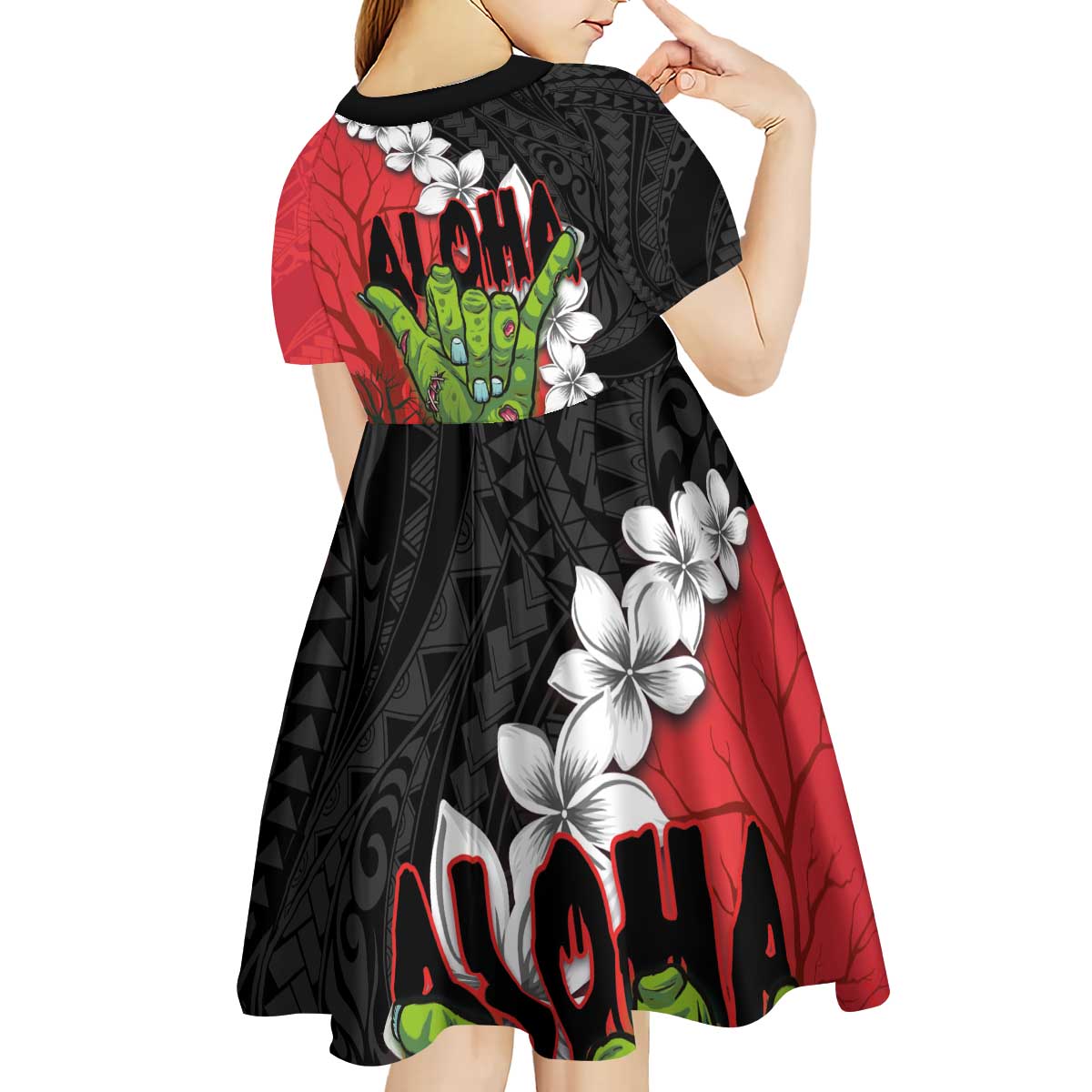 Hawaiian Halloween Kid Short Sleeve Dress Horror Shaka Hand with Plumeria and Polynesian Tattoo Blood Color