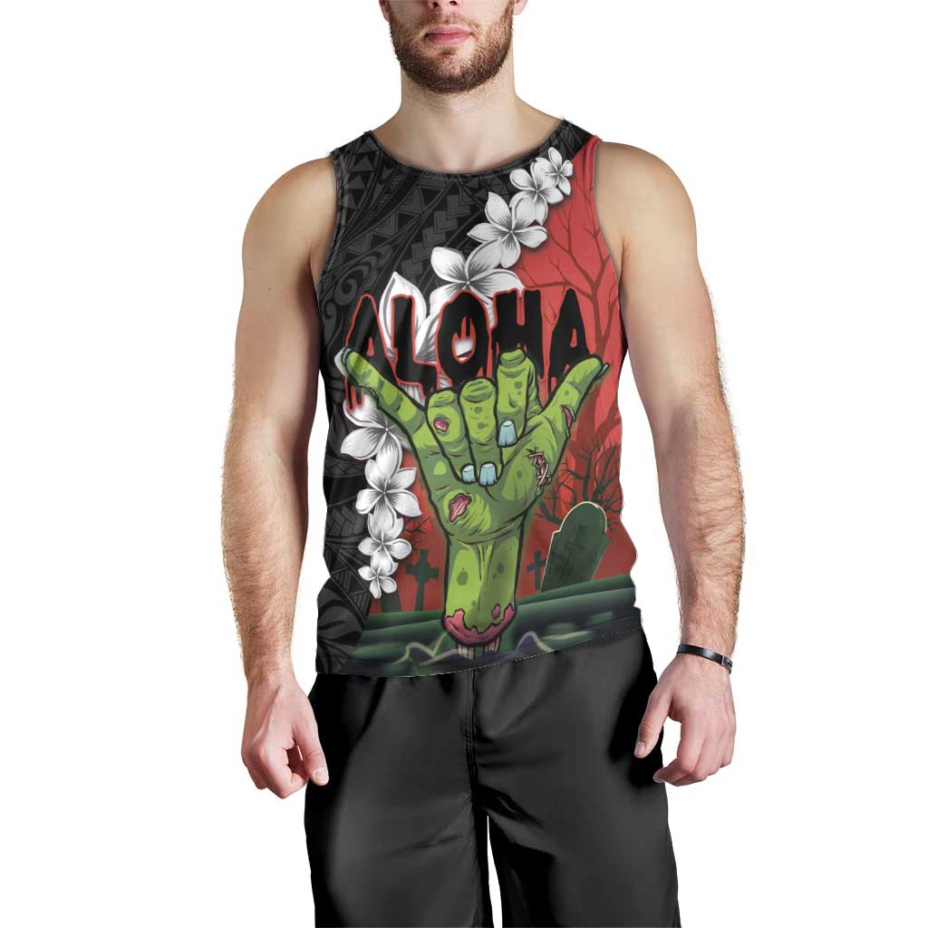 Hawaiian Halloween Men Tank Top Horror Shaka Hand with Plumeria and Polynesian Tattoo Blood Color