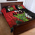 Hawaiian Halloween Quilt Bed Set Horror Shaka Hand with Plumeria and Polynesian Tattoo Blood Color