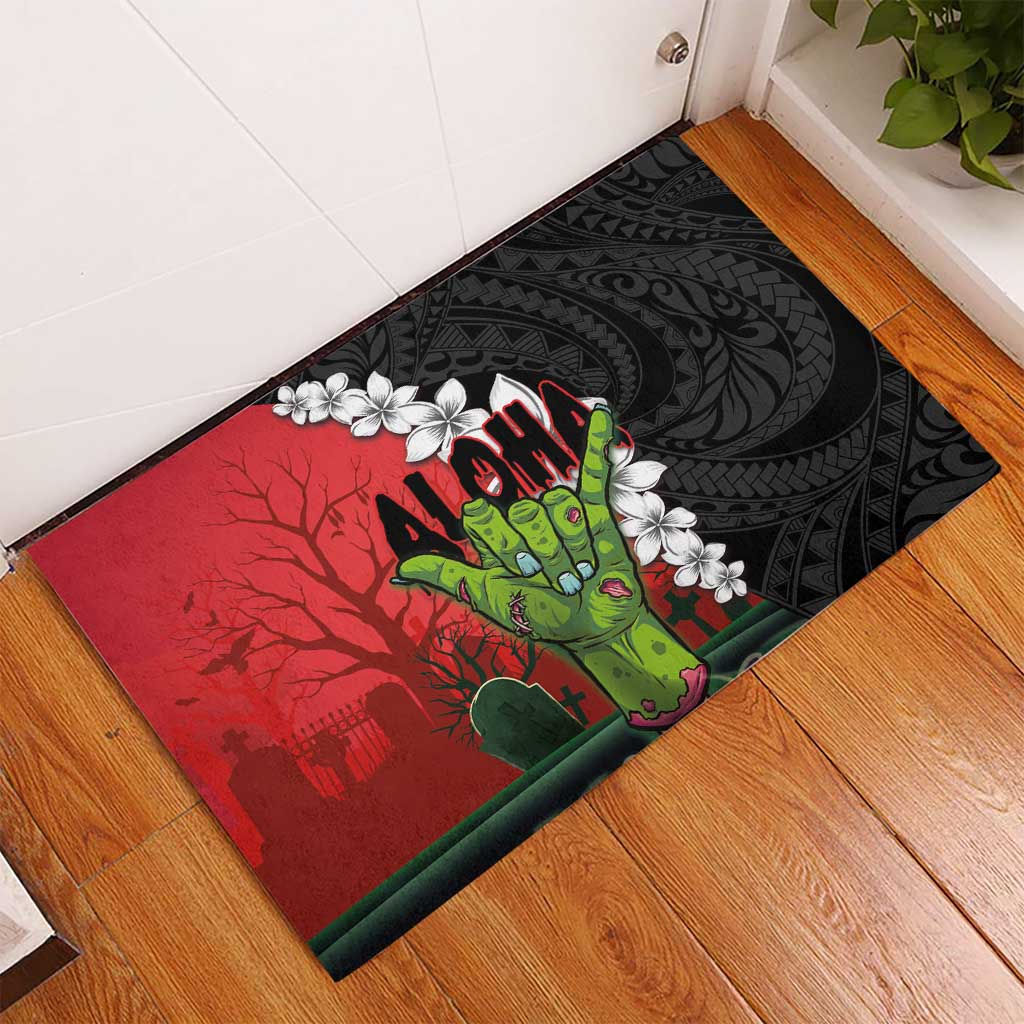 Hawaiian Halloween Rubber Doormat Horror Shaka Hand with Plumeria and Polynesian Tattoo Blood Color