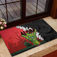 Hawaiian Halloween Rubber Doormat Horror Shaka Hand with Plumeria and Polynesian Tattoo Blood Color