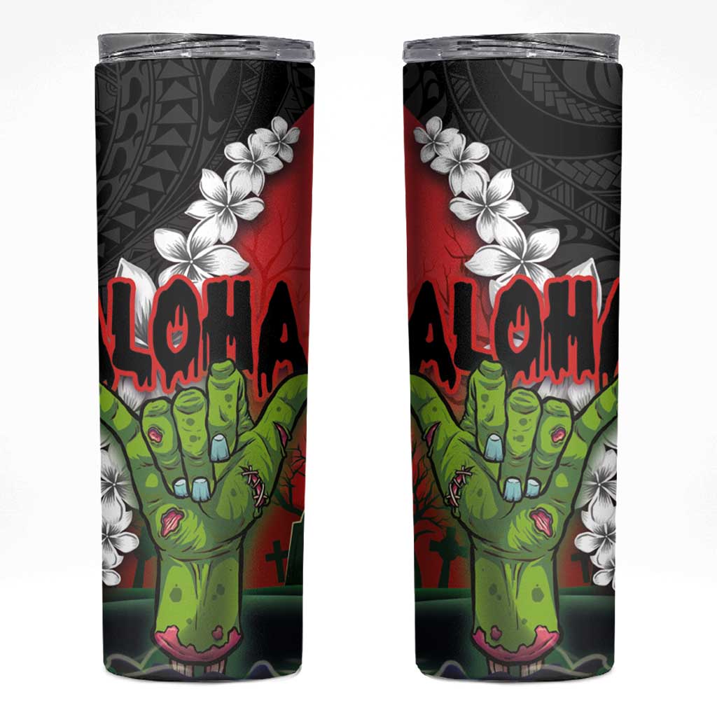 Hawaiian Halloween Skinny Tumbler Horror Shaka Hand with Plumeria and Polynesian Tattoo Blood Color