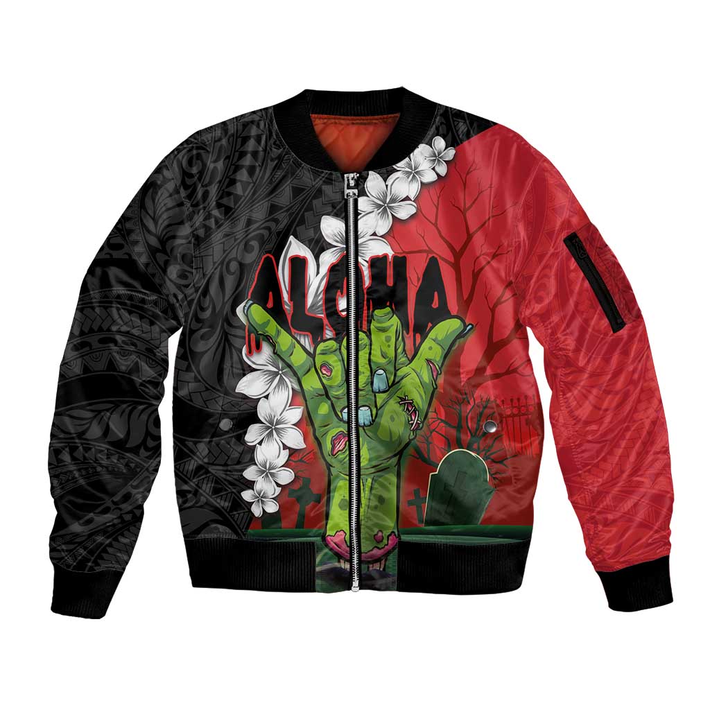 Hawaiian Halloween Sleeve Zip Bomber Jacket Horror Shaka Hand with Plumeria and Polynesian Tattoo Blood Color